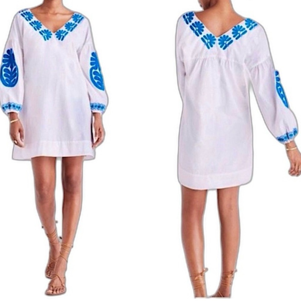 Madewell Blanca XS White Dress with Blue Floral Embroidery